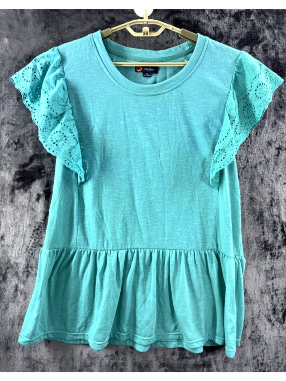 Indigo Poppy Plus Size 1X Green Eyelet Lace Flutter Sleeve Peplum Tunic Top